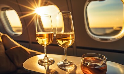 Luxury interior of a private jet or first class flight with two glasses of champagne, business jet plane airplane interior during flight, windows glass wealth journey flying evening landing