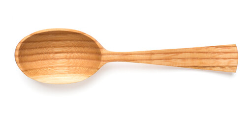 Empty wooden spoon isolated on white, top view