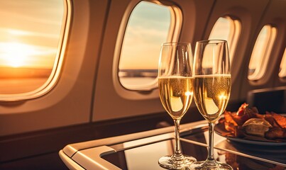 Luxury interior of a private jet or first class flight with two glasses of champagne, business jet plane airplane interior during flight, windows glass wealth journey flying evening landing