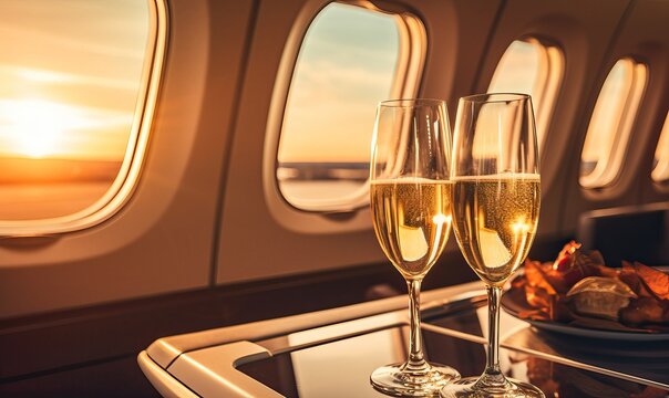 Luxury interior of a private jet or first class flight with two glasses of champagne, business jet plane airplane interior during flight, windows glass wealth journey flying evening landing