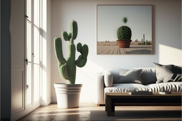 a cactus in a pot next to a couch and coffee table