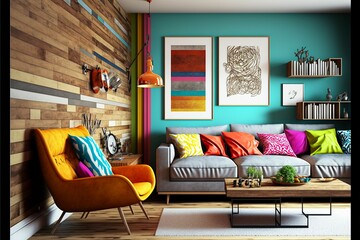 colorful modern living room with wood paneled walls and furniture