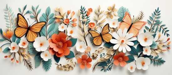 In the summer as nature blooms in the forest a beautiful pattern emerges with vibrant colors white black and orange Among the green foliage a cute butterfly flutters highlighting the beauty 