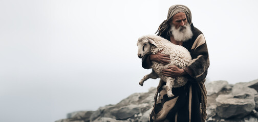 Portrait of Abraham sacrificing a ram on mount Moriah. Old testament concept. - obrazy, fototapety, plakaty