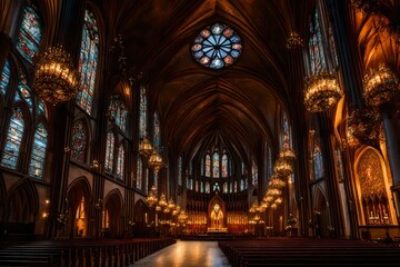 A grand, festively decorated cathedral with intricate stained glass windows and candlelit aisles. --