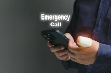 A man with an injured finger wrapped in gauze and hold a cell phone is calling a hospital or life...