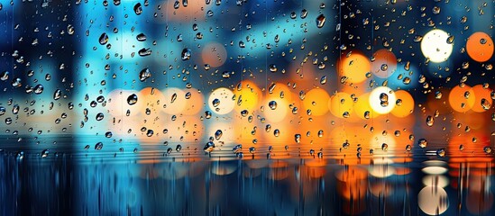 In the abstract background of the city the shimmering Christmas lights reflected off the wet streets highlighting the splashes of blue and orange colors like water on ice creating a mesmeri