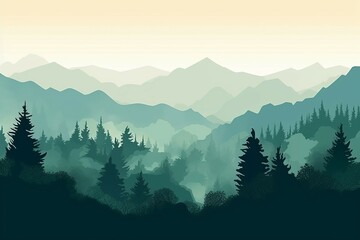 Illustration d'une chaîne de montagnes verdoyante avec des arbres - obrazy, fototapety, plakaty