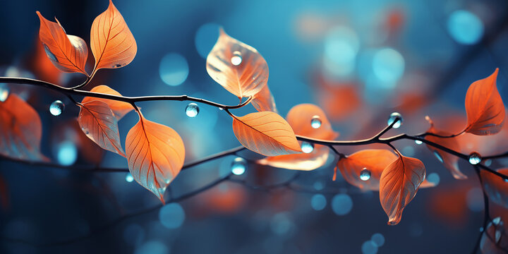 Beautiful with background orange leaves on a blue background with raindrops