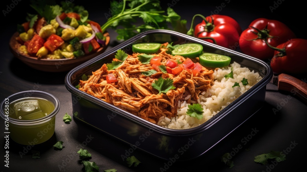 Poster  a close up of a container of food with rice and veggies next to a bowl of salsa and cucumbers.  generative ai