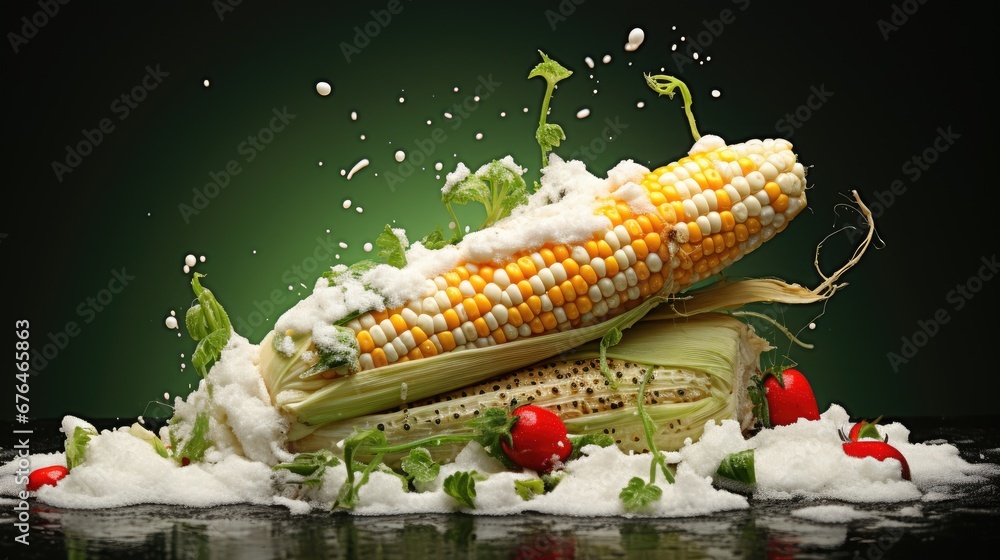 Poster an image of a corn on the cob in the middle of a pile of white powdered sugar and pepper. generative