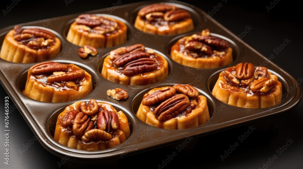 Aufkleber a muffin tin filled with cupcakes with pecans in the middle of the muffin tin and pecans in the midd