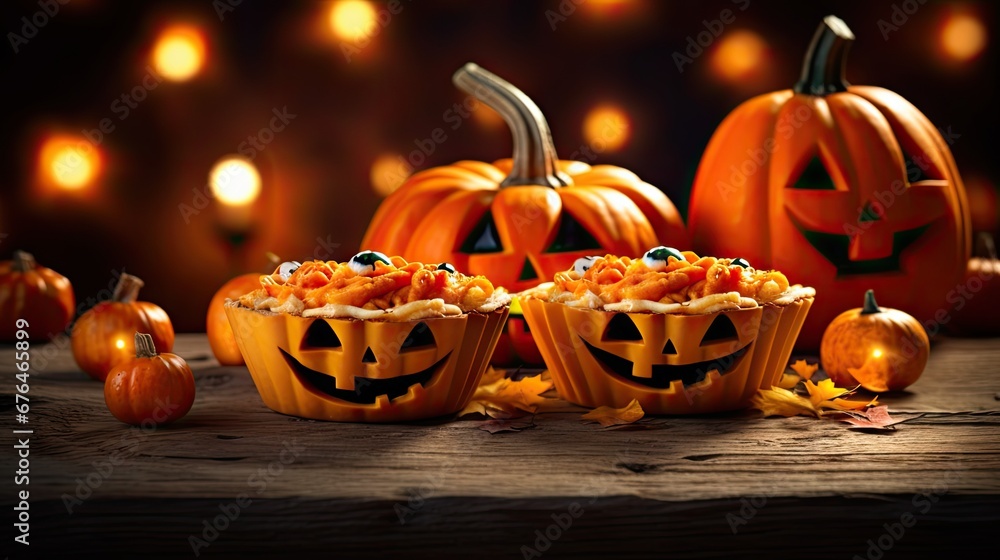 Poster a group of pumpkins with jack - o'- lanterns around them on a wooden table with lights in the backgr