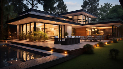 Naklejka premium Modern patio outdoor with swimming pool. Modern house interior and exterior design