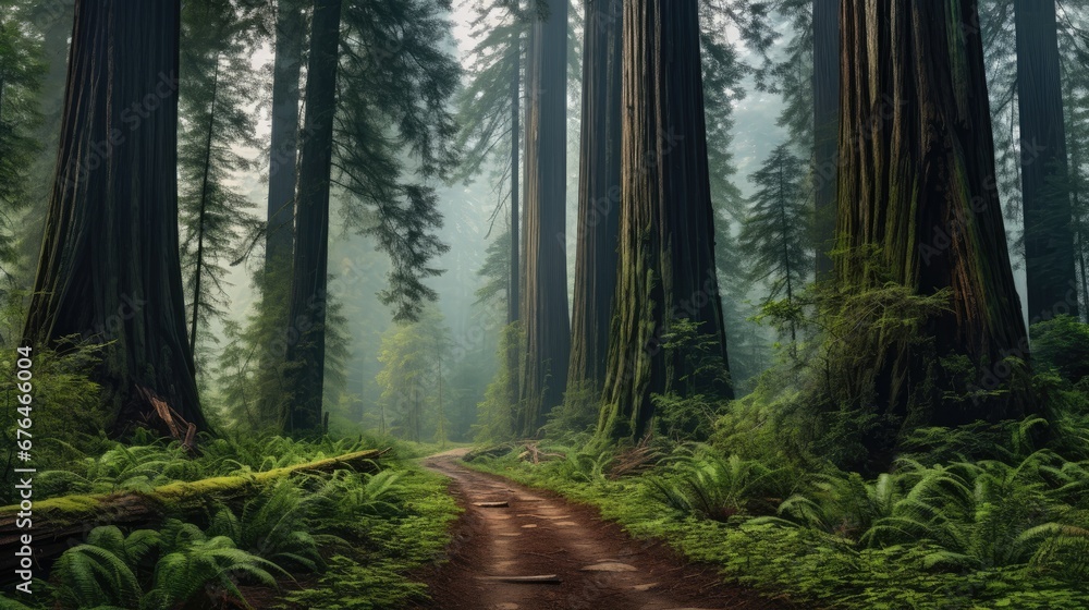 Poster a dirt road in the middle of a forest with lots of tall trees and ferns on both sides of it. generat
