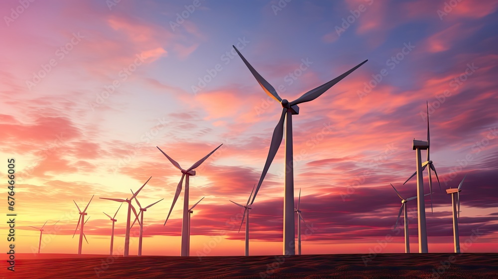 Poster a group of windmills in a field with a sunset in the back ground and a few clouds in the sky. genera