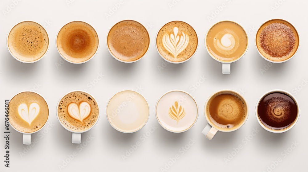 Poster a row of different types of coffee cups with hearts drawn on the top of the cups and bottom of the c