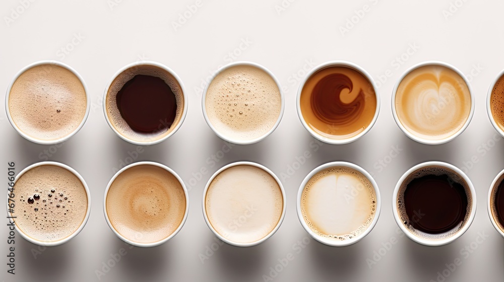 Poster a row of coffee cups filled with different types of coffee on a white surface the cups are arranged 