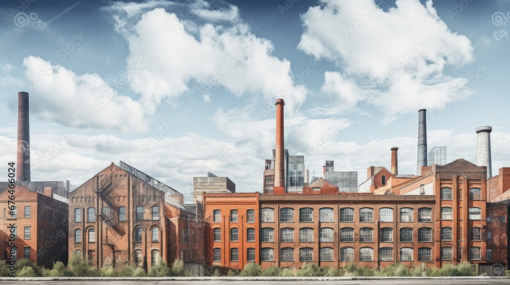 Poster a painting of a factory building with smoke stacks rising from the top of it and a body of water in 