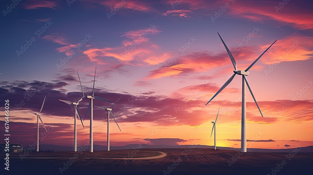 Poster a group of windmills in a field with a sunset in the background and a building in the foreground. ge