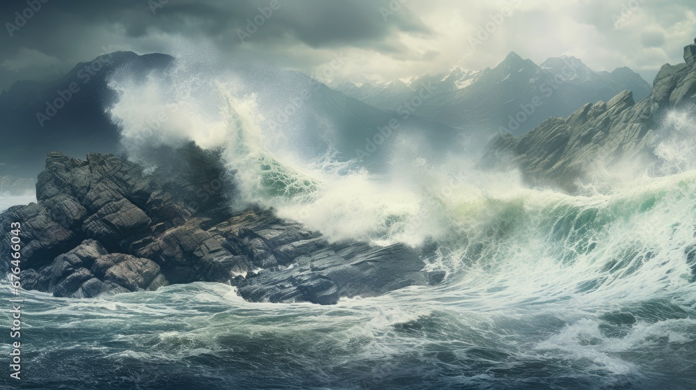 Aufkleber a large body of water surrounded by rocks and a mountain in the distance with a large amount of clou