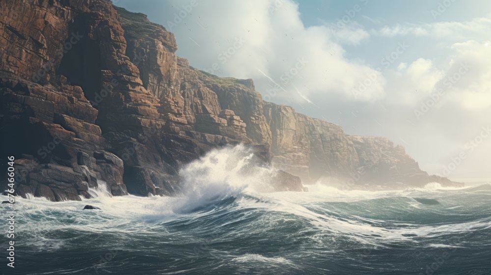 Poster a large body of water with a cliff in the background and a boat in the middle of the water with a sa