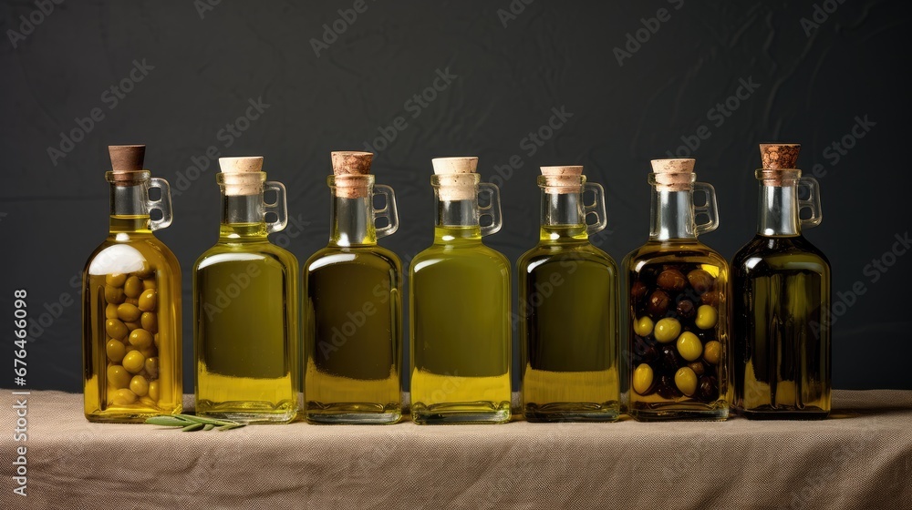 Poster a row of olives and olive oil bottles on a table with a cloth on the side of the bottles. generative