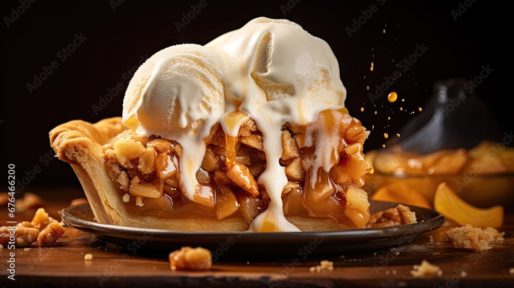 Poster a close up of a plate of food with a scoop of ice cream on top of it and a bowl of nuts in the backg