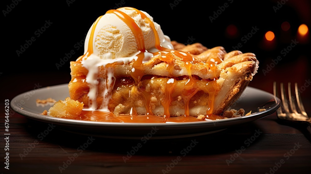 Aufkleber a piece of pie with ice cream and caramel drizzle on a white plate next to a fork. generative ai