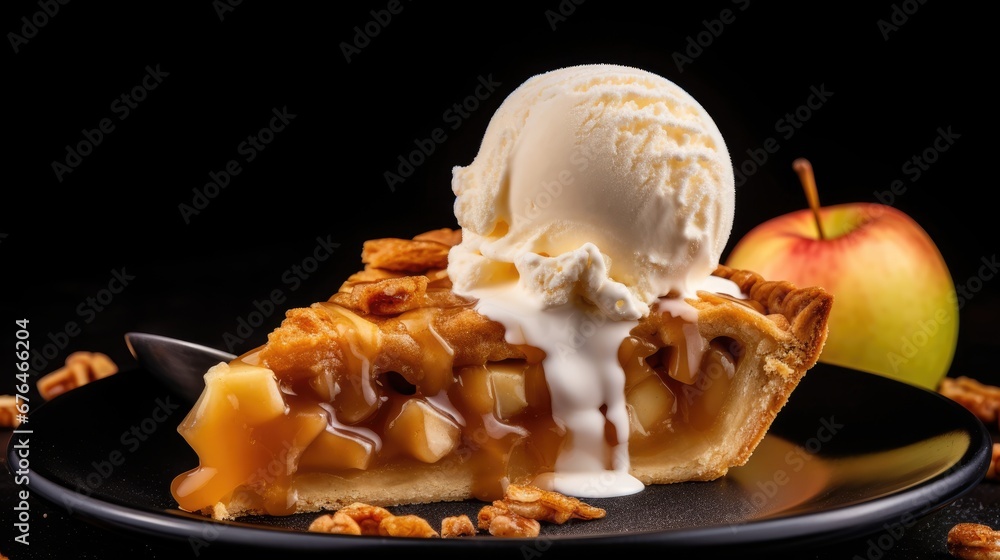 Poster a slice of pecan pie with ice cream on a black plate with a spoon and an apple in the background. ge
