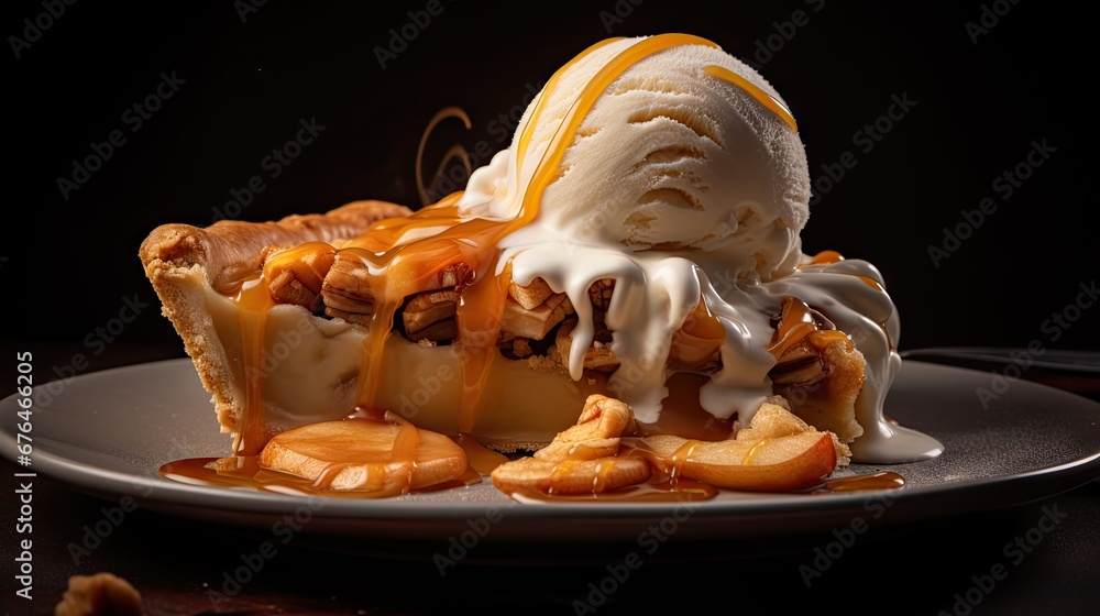 Aufkleber a piece of pie with ice cream and caramel sauce on top of it on a plate with a spoon. generative ai