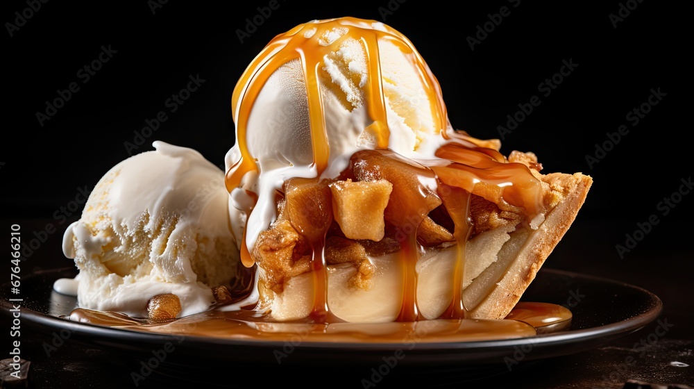 Poster an ice cream sundae with caramel drizzle and caramel drizzle on a black plate. generative ai