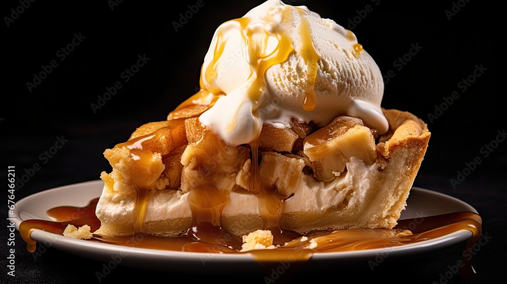Aufkleber a waffle with ice cream and caramel drizzle on a white plate with caramel drizzle. generative ai