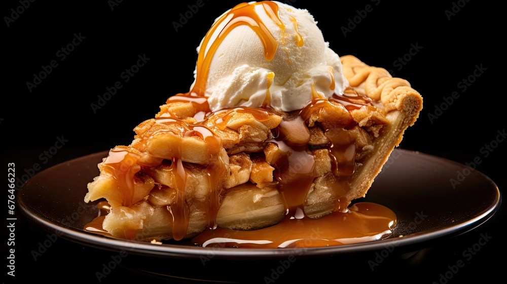 Poster a piece of pie with ice cream and caramel drizzle on a plate with caramel drizzle. generative ai