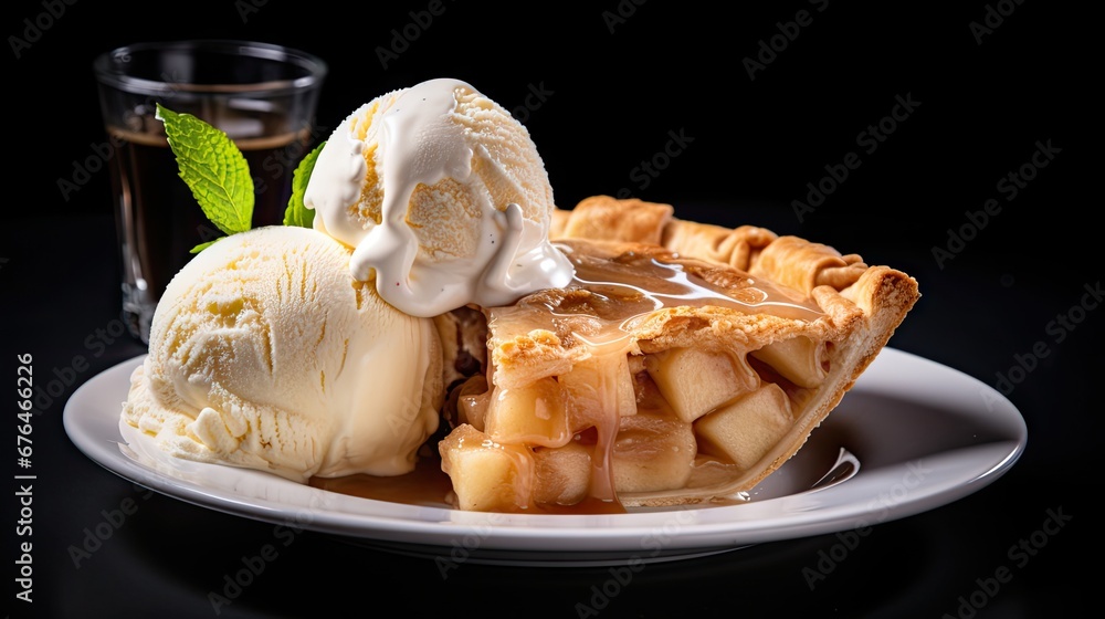 Poster a white plate topped with a slice of pie covered in ice cream and a scoop of ice cream on top of it.
