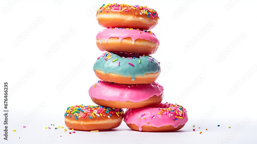 Poster a stack of doughnuts with sprinkles on top of each of them on a white background. generative ai