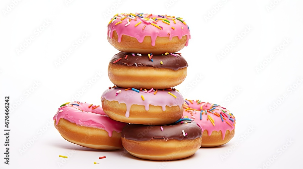 Poster a stack of doughnuts with pink frosting and sprinkles on top of each of them. generative ai