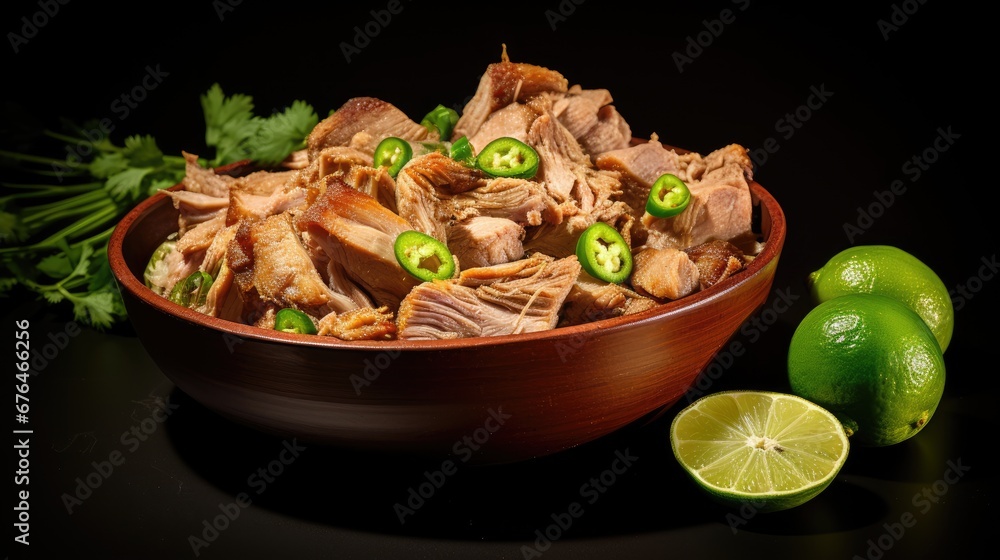 Poster a close up of a bowl of food with a lime and a lime slice on the side of the bowl. generative ai