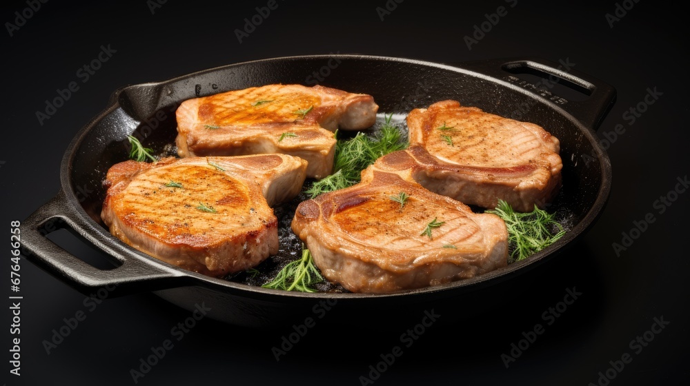 Poster four pieces of meat in a frying pan on a black surface with a sprig of parsley. generative ai