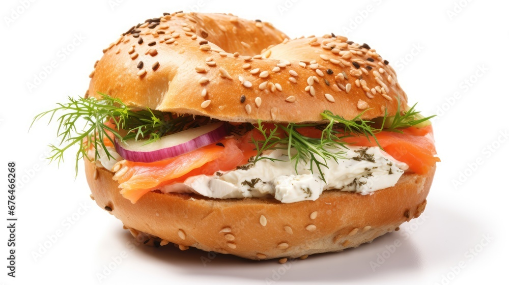 Poster a close up of a bagel with a lot of toppings on it and a sprig of dill. generative ai