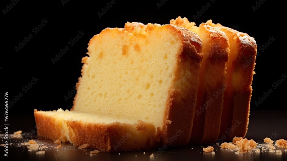 Poster a close up of a piece of cake on a table with a slice cut out of it and the rest of the cake on the 