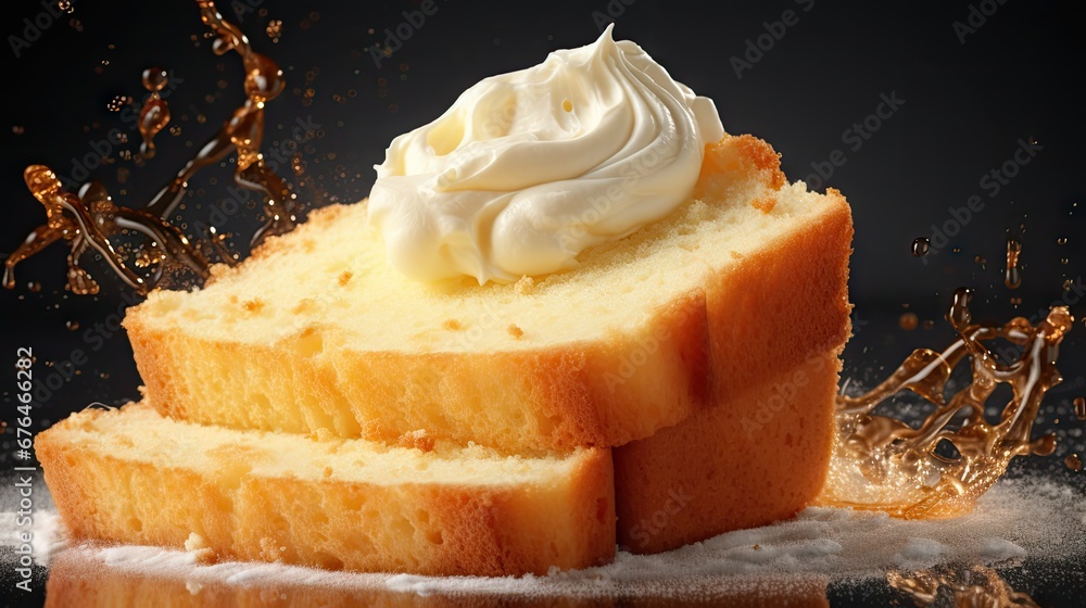 Poster a close up of a piece of bread with whipped cream on top of it and a splash of milk on top of it. ge