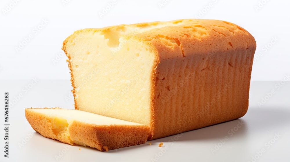 Poster a close up of a piece of bread with a slice cut out of it on a white surface with a white background