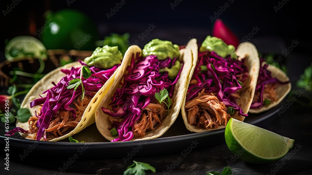 Poster three tacos with shredded cabbage and guacamole on a plate with lime wedges on the side. generative 