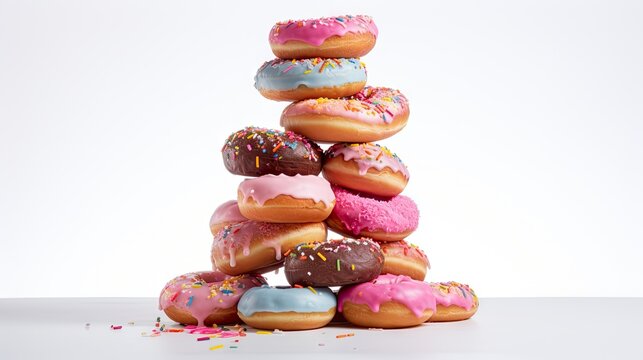  a stack of doughnuts with sprinkles and pink and blue frosting on a white background.  generative ai