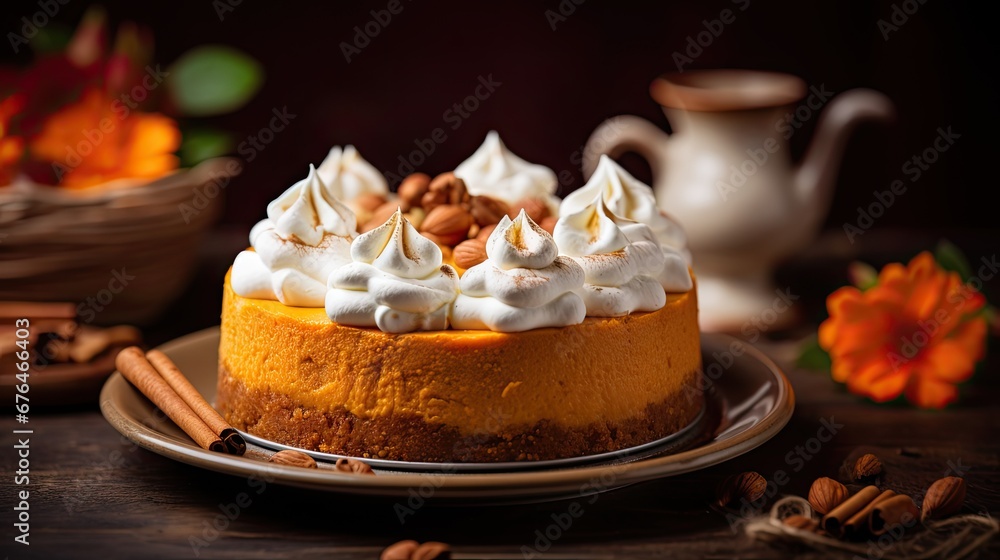 Aufkleber a close up of a cake on a plate with whipped cream on top of it and nuts on the side. generative ai
