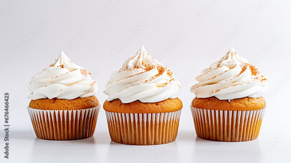 Poster three cupcakes with white frosting and sprinkles on top of each of the cupcakes. generative ai