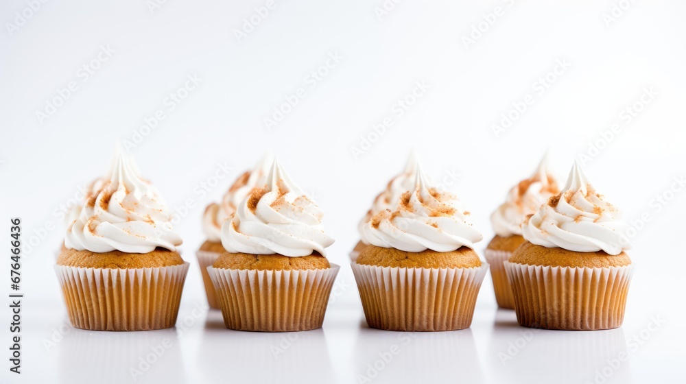 Poster a row of cupcakes with frosting and sprinkles on top of each of the cupcakes. generative ai