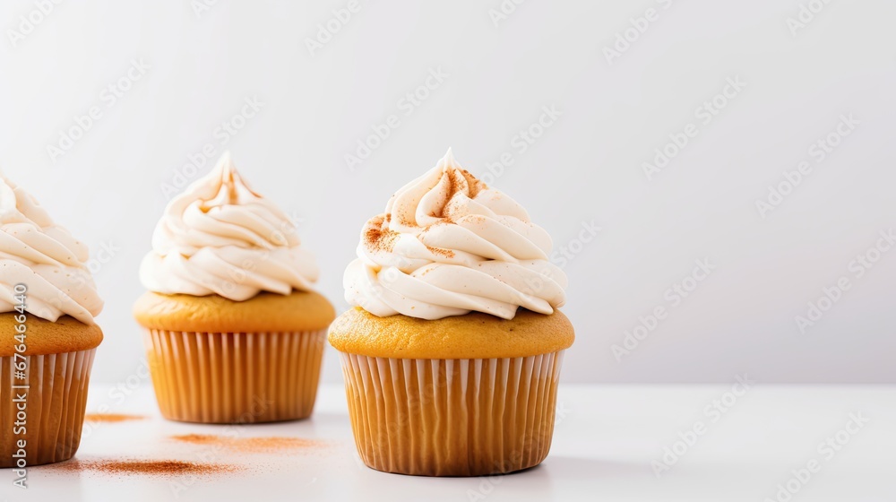Poster three cupcakes with white frosting and sprinkles on top of each of the cupcakes. generative ai