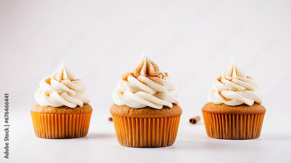 Poster three cupcakes with white frosting and sprinkles are lined up in a row on a white surface. generativ